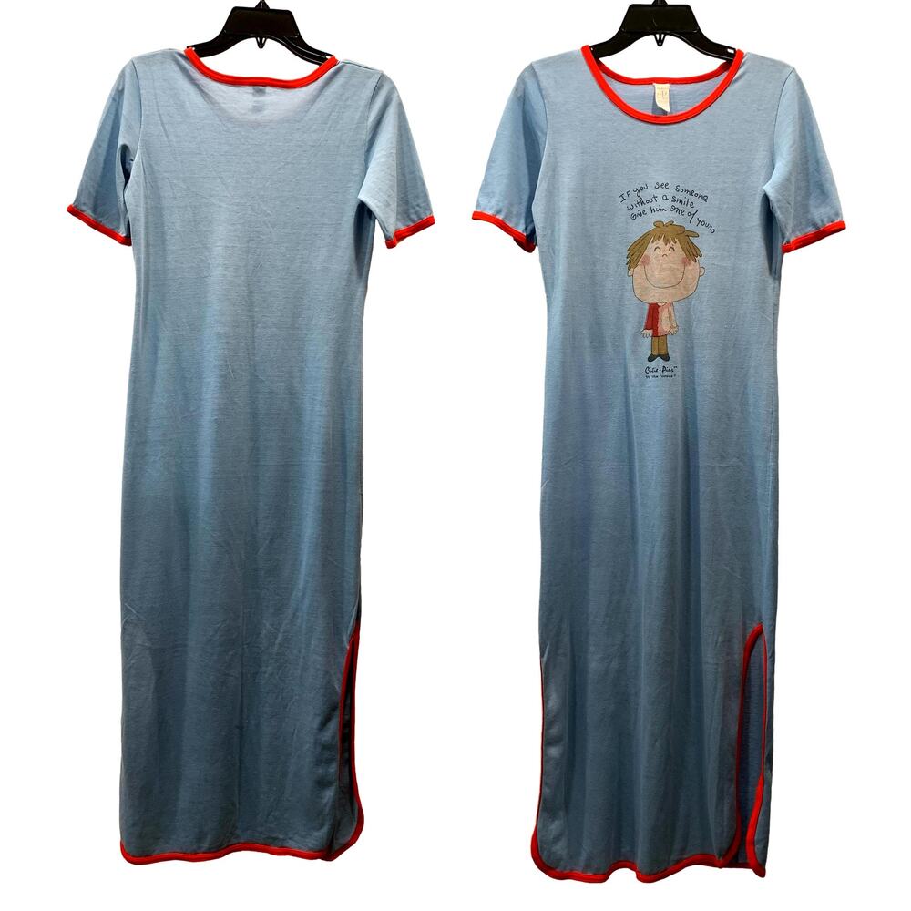 70s Long Blue T Shirt Nightgown Nightie w Cute Cartoon | XS/S - Picture 5 of 11